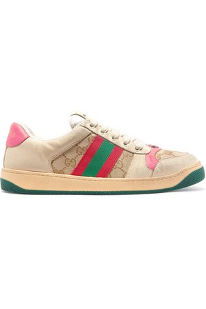 Gucci | Screener logo-woven canvas and distressed leather sneakers | NET-A-PORTER.COM