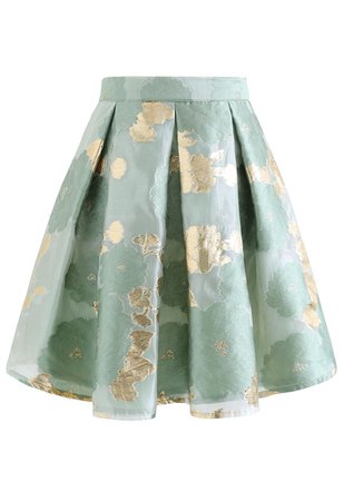 Shiny Floral Jacquard Organza Pleated Skirt in Green - Retro, Indie and Unique Fashion