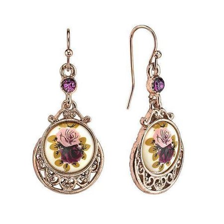 1928 Jewelry Rose Gold Tone Purple Crystal Flower Drop Earrings