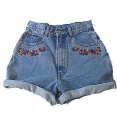 High-Waisted Medium Denim Shorts With Floral Detailing