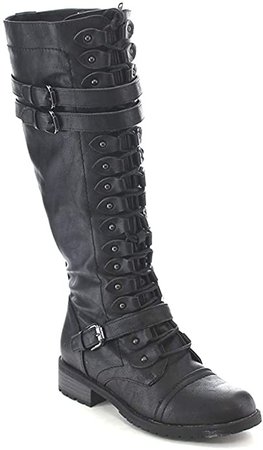Amazon.com | Wild Diva Timberly Women's Fashion Lace Up Buckle Knee High Combat Boots | Shoes