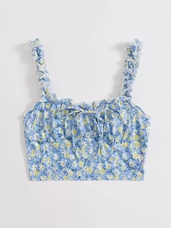 Ditsy Floral Frill Trim Knot Front Cami Top | SHEIN USA blue