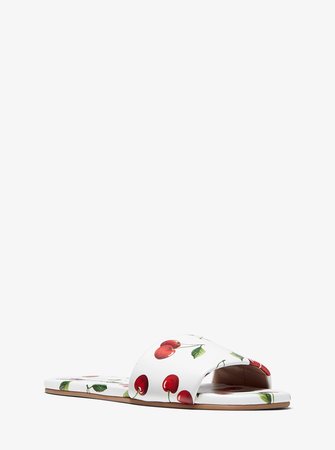 Delphine Cherry-Print Leather Slide Sandal