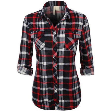 Womens Lightweight Plaid Button Down Shirt with Roll Up Sleeves (€16) ❤ liked on Polyvore | Black flannel shirt, Black plaid shirt