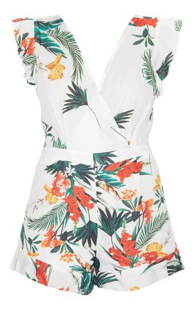 White Tropical Tie Back Playsuit | PrettyLittleThing