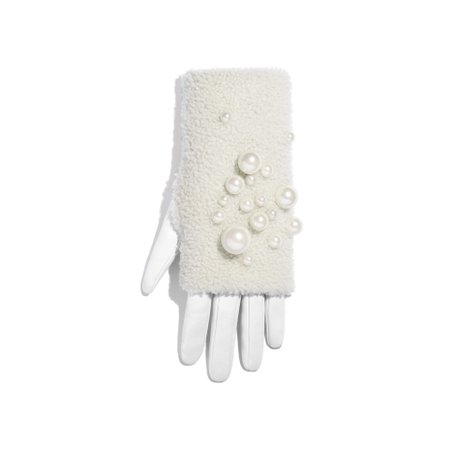 Lambskin, Shearling & Pearls White & Ivory Gloves | CHANEL