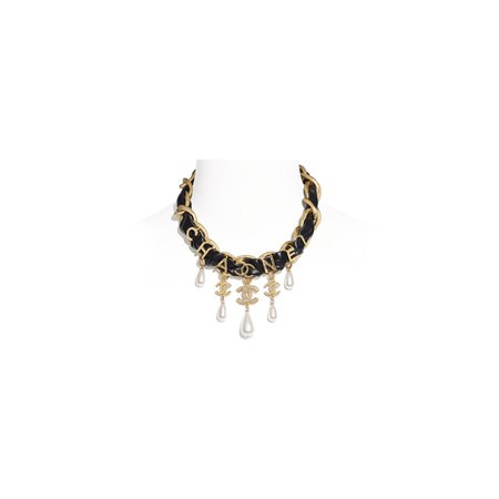 Metal, Glass Pearls, Calfskin & Strass Gold, Pearly White, Black & Crystal Necklace | CHANEL