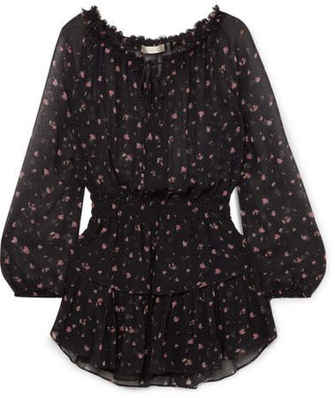 Popover Tiered Floral-print Silk-georgette Mini Dress - Black
