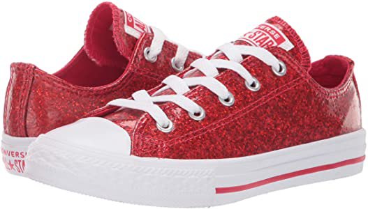 Amazon.com | Converse Girls' Chuck Taylor All Star Glitter Coated Low Top Sneaker, Cherry red/White/White, 2 M US Little Kid | Sneakers
