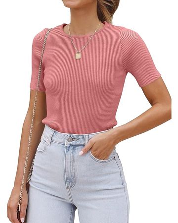ZESICA Women's Short Sleeve Crewneck Ribbed Knit Slim Fit T Shirt 2023 Summer Casual Solid Color Tee Tops,Dustypink,Medium at Amazon Women’s Clothing store