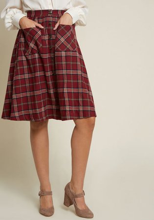 ModCloth Encouraging Outlook Flannel Skirt Red Plaid | ModCloth