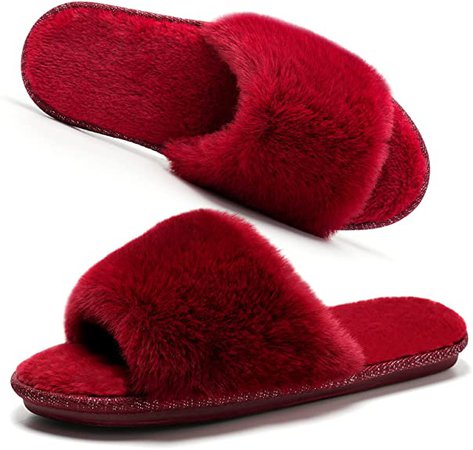 Amazon.com | Docosy Women's Fuzzy Faux Fur Open Toe Slide Slippers Cozy Memory Foam House Shoes for Indoor Outdoor | Shoes