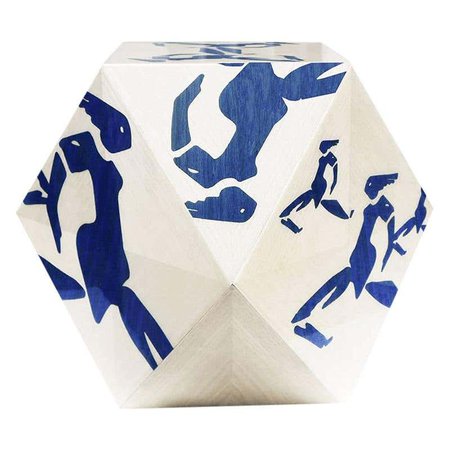 Contemporary Cubic Shape Side Center Table in Bird Eye Wood Leaf and Blue Detail