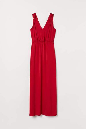 Long V-neck Dress - Red