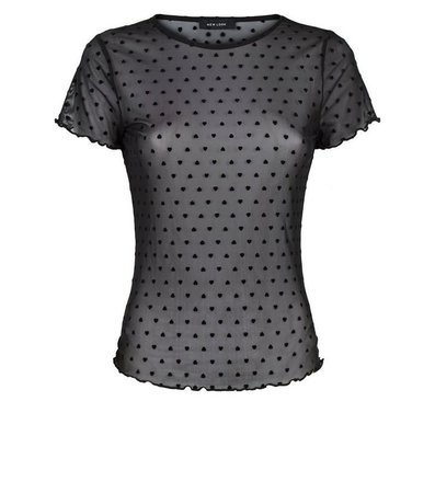 Black Mesh Flocked Heart T-Shirt | New Look