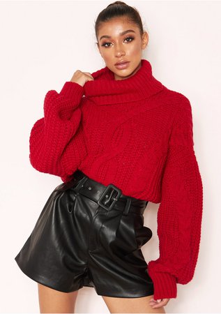 Hana Red Cable Knit Roll Neck Jumper Missy Empire