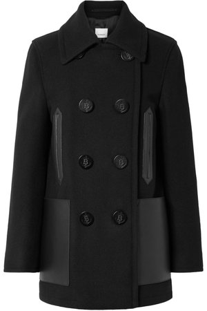 Burberry | Double-breasted leather-trimmed wool-blend coat | NET-A-PORTER.COM