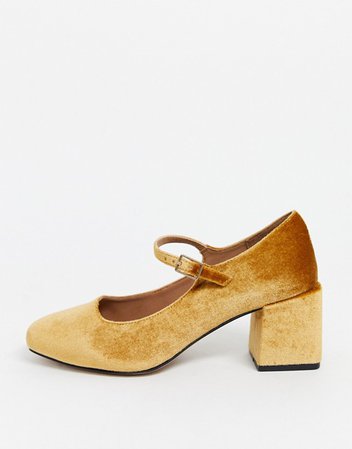 ASOS DESIGN Wide Fit Willing mary-jane block heels in ochre velvet | ASOS