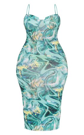 Plus Green Swirl Crinkle Rib Cup Detail Midi Dress | PrettyLittleThing USA