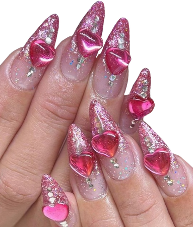 pink glitter nails with hearts
