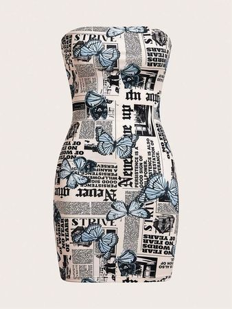 SHEIN EZwear Newspaper Butterfly Print Bodycon Strapless Dress | SHEIN USA