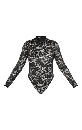 Black Sheer Lace Scallop Detail Bodysuit | PrettyLittleThing