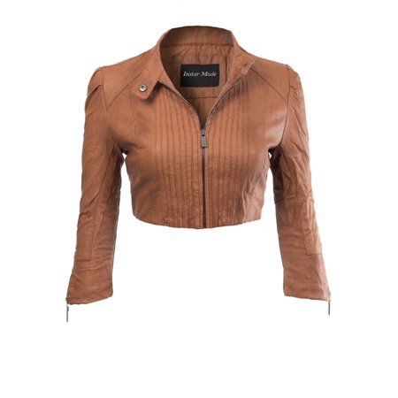 Olivia Women's 3/4 Sleeve Faux Leather Jacket Cropped Crop Top Caramel M
