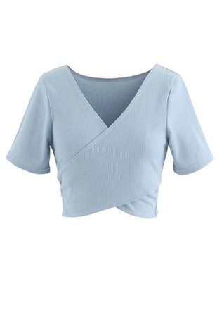 Crisscross Front Short Sleeves Ribbed Top in Dusty Blue - Retro, Indie and Unique Fashion