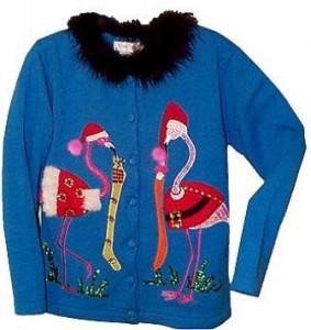 blue flamingo Christmas sweater