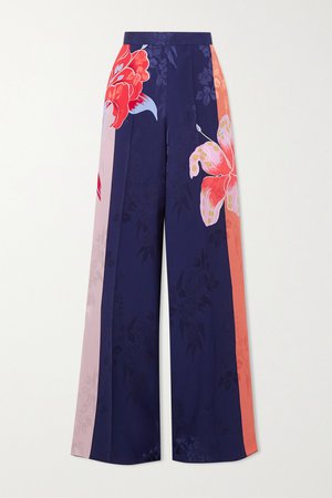 Navy Floral-print satin-jacquard wide-leg pants | Etro | NET-A-PORTER