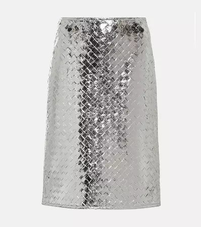 Intrecciato Leather Midi Skirt in Silver - Bottega Veneta | Mytheresa