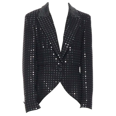 CHANEL 02C black sequinned tweed bejewel buttons swallowtail tuxedo jacket FR44 For Sale at 1stdibs