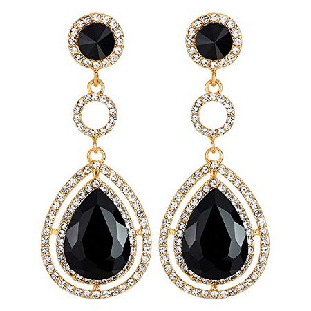 Event Banquet Prom Party Rhinestone Black Crystal Teardrop Dangle Drop Large Gold Statement Earrings