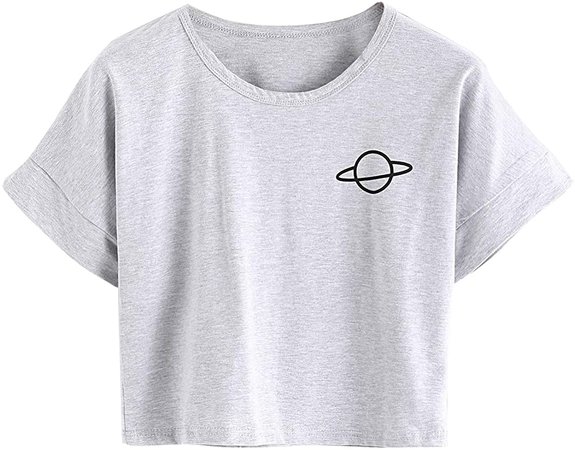 MakeMeChic Women's Planet Print Crop Tops Casual Short Sleeve Tee T-Shirt Grey M at Amazon Women’s Clothing store