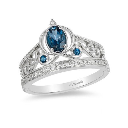 Enchanted Disney Cinderella Oval London Blue Topaz and 0.085 CT. T.W. Diamond Carriage Ring in Sterling Silver - Size 7 | Gemstone Rings | Rings | Peoples Jewellers