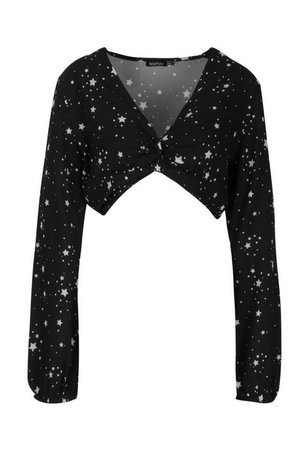 Star Print Knot Front Woven Crop | Boohoo