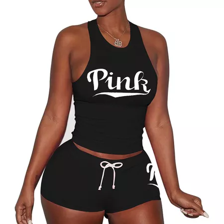 Pink Letter Print 2 Piece Set Women 2019 Summer Plus Size Two Piece Tracksuit XXXL Sleeveless Top and Shorts Casual Black Outfit-in Women's Sets from Women's Clothing on Aliexpress.com | Alibaba Group