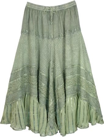 Jade Green Medieval Style Gypsy Long Skirt | Green | Stonewash, Embroidered, Lace, Bohemian