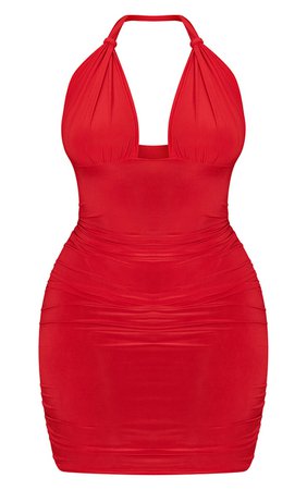 Plus Red Slinky Cup Halterneck Bodycon Dress | PrettyLittleThing USA