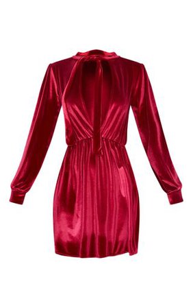 Scarlet Velvet Key Hole Tie Neck Long Sleeve Dress | PrettyLittleThing