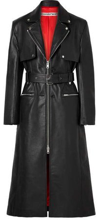 Belted Leather Trench Coat - Black