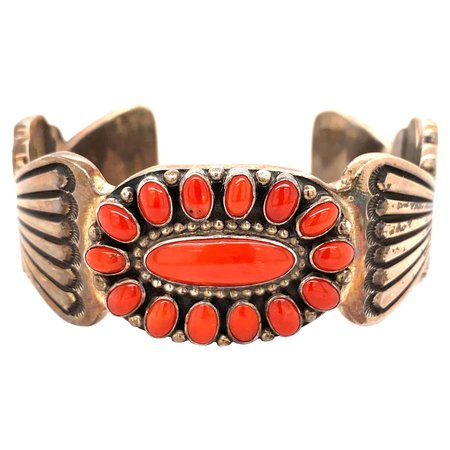 Native American Navajo Coral Signed ERB 925 Sterling Silver Cuff Bracelet