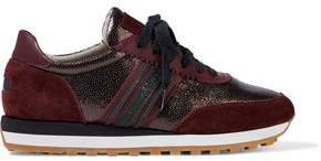 Bead-embellished Suede And Metallic Cracked-leather Sneakers