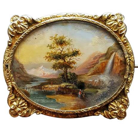 1850 Brooch featuring reverse-glass painting titled “chute d'eau Suisse” (or “Swiss waterfall”)