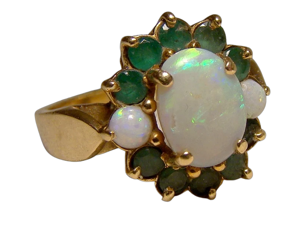 14K Opals and Emeralds Mixed Cluster Ring 1970s Yellow Gold - Size 7