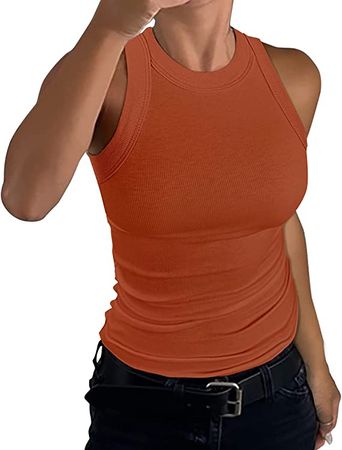 GEMBERA Womens Sleeveless Racerback High Neck Casual Basic Cotton Ribbed Fitted Tank Top Rust Orange L at Amazon Women’s Clothing store