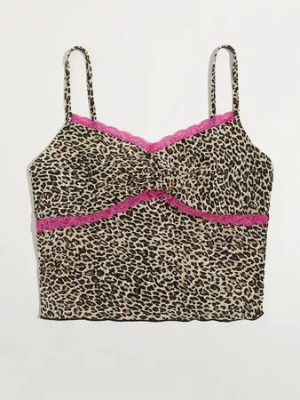Leopard Lace Trim Cami Top | SHEIN USA brown