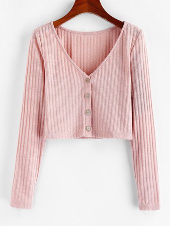 [35% OFF] 2020 ZAFUL Ribbed Button Up Plunging Crop T-shirt In PINK | ZAFUL