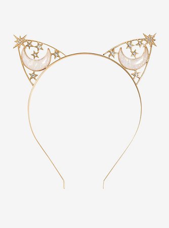 Gold Opalescent Moon & Stars Cat Ear Headband