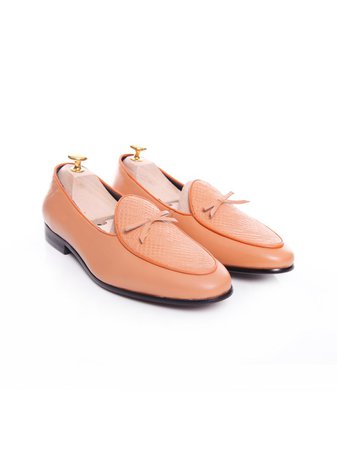 Zeve Shoes Women Belgian Loafer in Peach Snake Skin With Ribbon